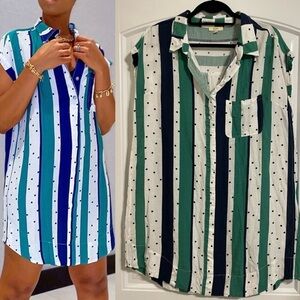 Kori Women’s Mini Shift Dress Green & Blue Striped Polka Dot Contemporary Preppy
